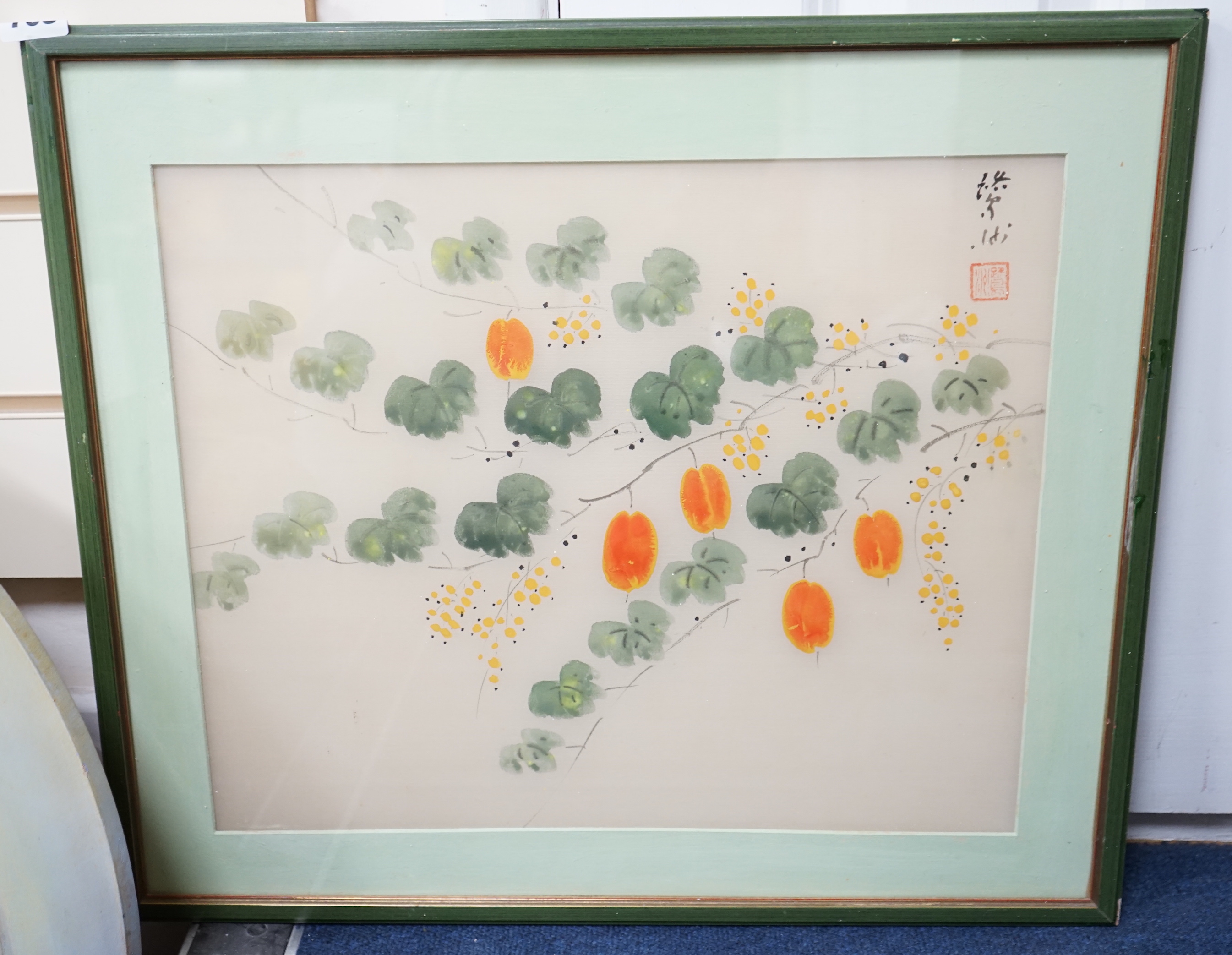 Chinese School, watercolour on silk, Persimmons and plums, 33 x 40cm